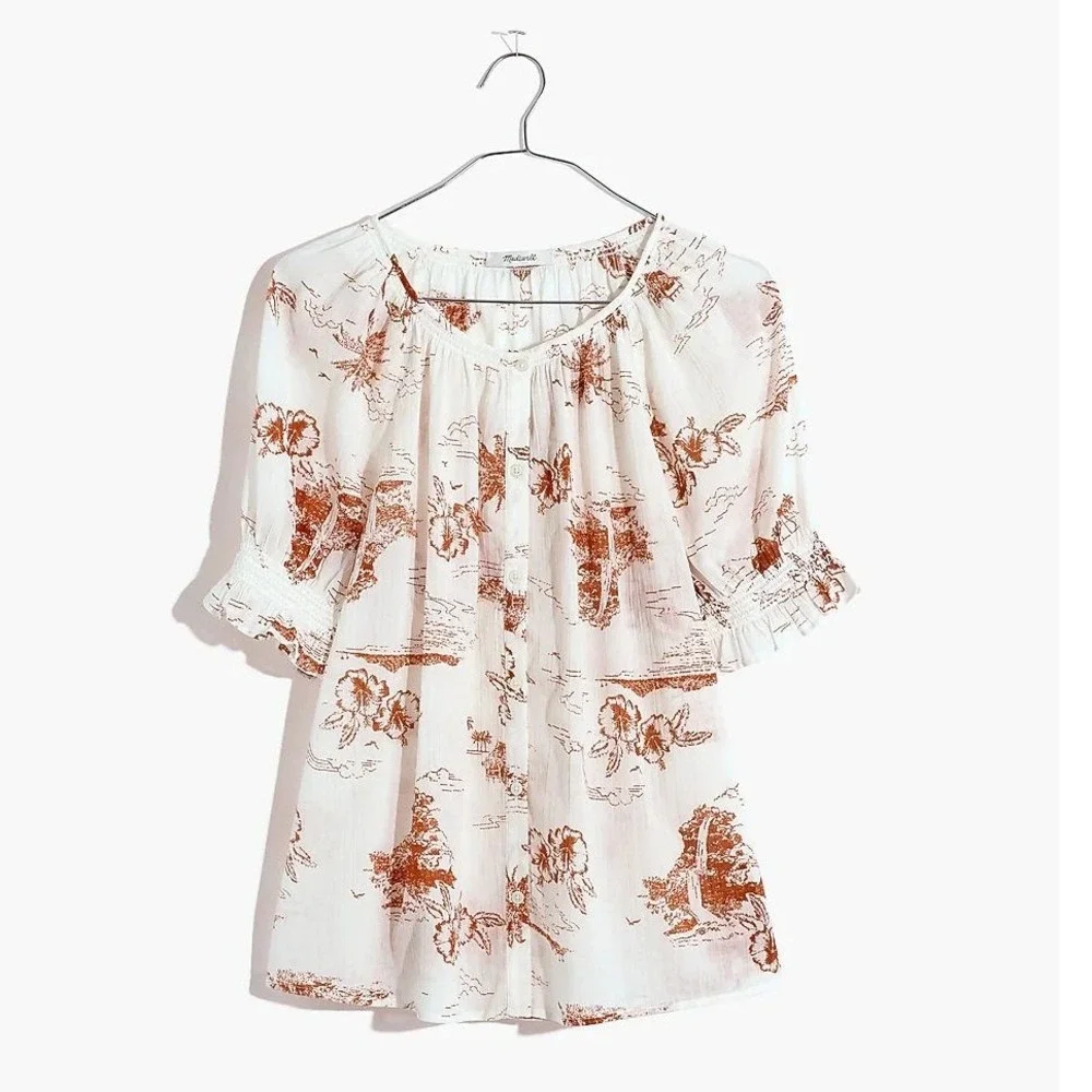 Madewell Cotton Peasant Blouse‎ Tropical Print Smocked Puff Sleeve Size S Small